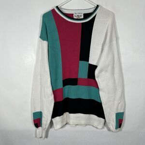 Vintage La Mode Los Angeles Crew Neck Sweater Men Size Large Pink Teal Geometric